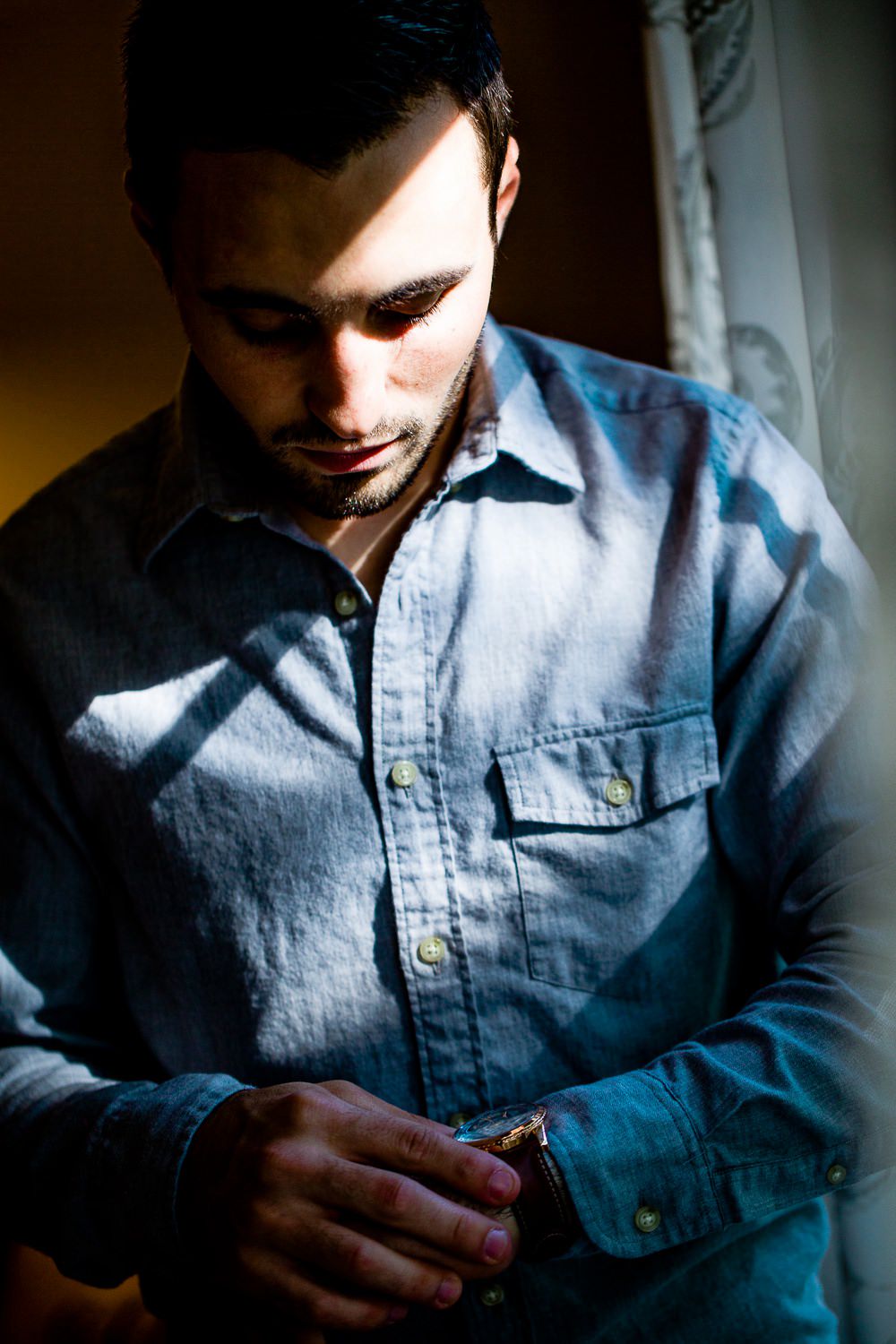 Getting ready portrait by Raleigh wedding photographer dave shay