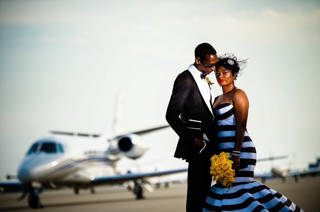 wedding portrait on RDU runway